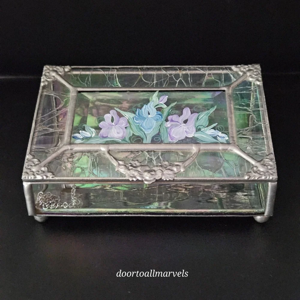VTG Hand Painted Iridescent Glass Case Jewelry Box Signed Ingles '94 Art Nouveau